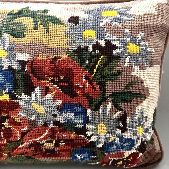 Vintage Needlepoint Pillow Cushion Wool Rectangular Floral Flower Assortment Zip - Picture 2 of 8